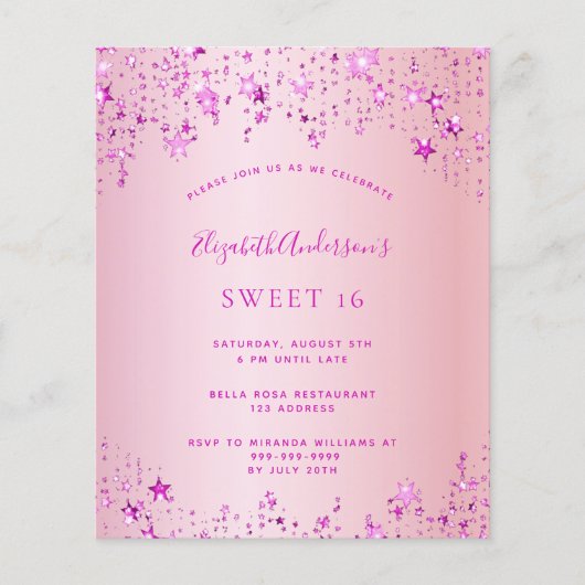 Birthday party roze sterren budget uitnodiging (Voorkant)