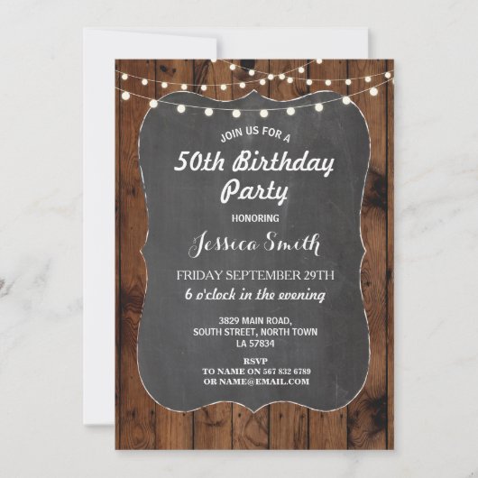 Birthday Party Rustic Lights Wood Chalk Invite Kaart (Voorkant)