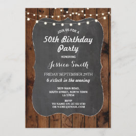 Birthday Party Rustic Lights Wood Chalk Invite Kaart