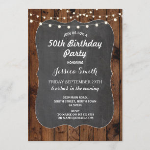 Birthday Party Rustic Lights Wood Chalk Invite Kaart