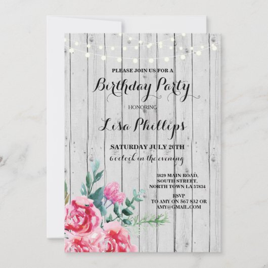 Birthday Party Rustic Pink Floral Wood Invite 40th Kaart (Voorkant)