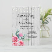 Birthday Party Rustic Pink Floral Wood Invite 40th Kaart (Staand voorkant)