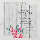 Birthday Party Rustic Pink Floral Wood Invite 40th Kaart (Voorkant / Achterkant)