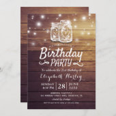 Birthday Party Rustic Wood Mason Jar String Lights Kaart (Voorkant / Achterkant)
