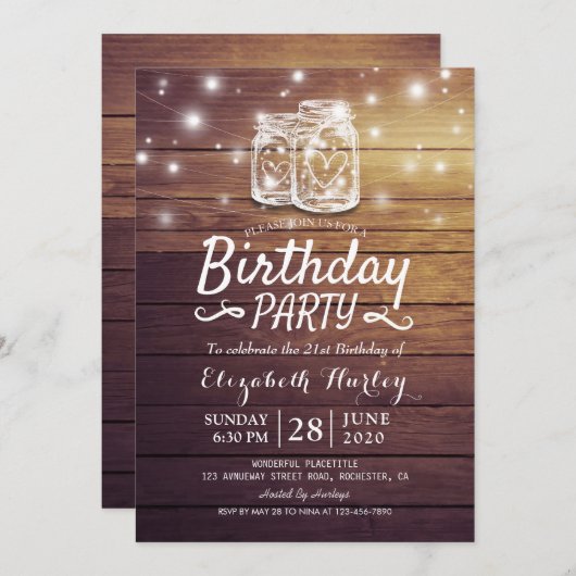 Birthday Party Rustic Wood Mason Jar String Lights Kaart (Voorkant / Achterkant)