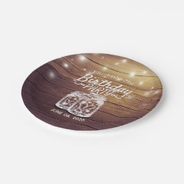 Birthday Party Rustic Wood Mason Jar String Lights Papieren Bordje