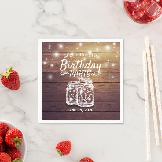 Birthday Party Rustic Wood Mason Jar String Lights Servet (Insitu)