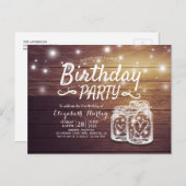 Birthday Party Rustic Wood Mason Jar String Lights Uitnodiging Briefkaart (Voorkant / Achterkant)