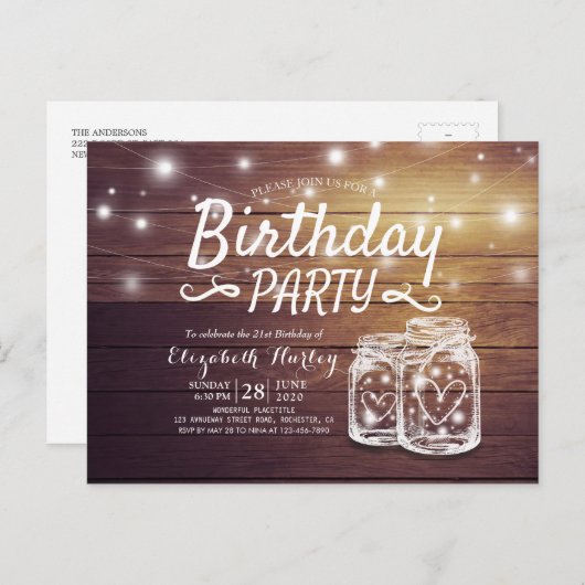 Birthday Party Rustic Wood Mason Jar String Lights Uitnodiging Briefkaart (Voorkant / Achterkant)
