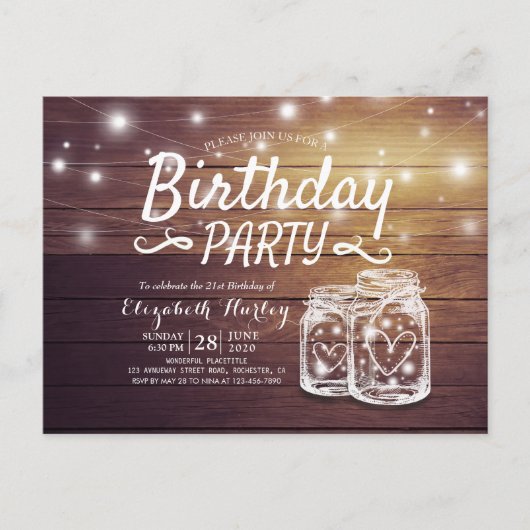 Birthday Party Rustic Wood Mason Jar String Lights Uitnodiging Briefkaart (Voorkant)