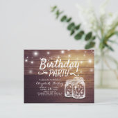Birthday Party Rustic Wood Mason Jar String Lights Uitnodiging Briefkaart (Staand voorkant)