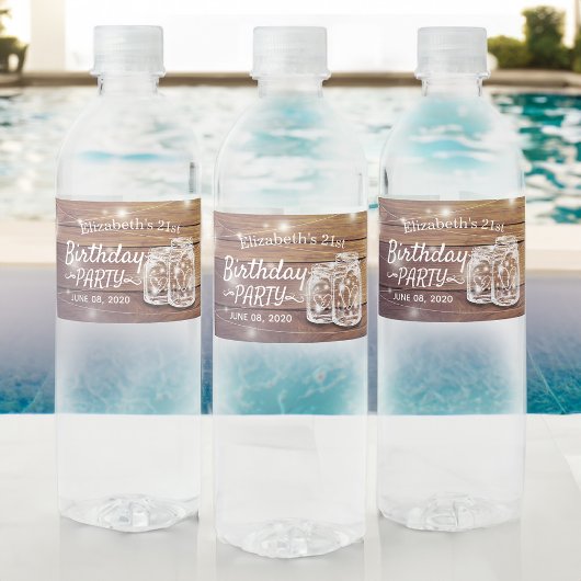 Birthday Party Rustic Wood Mason Jar String Lights Waterfles Etiket