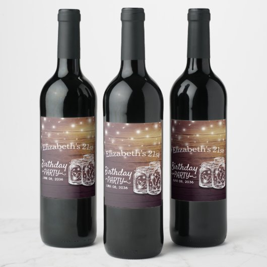 Birthday Party Rustic Wood Mason Jar String Lights Wijn Etiket (Flessen)