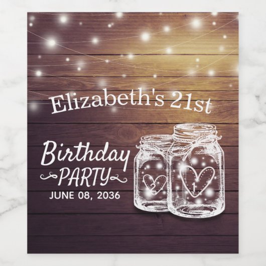 Birthday Party Rustic Wood Mason Jar String Lights Wijn Etiket (Enkel label)