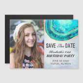 Birthday Party Save the Date Blauwgroen Gold Agate Magnetische Uitnodiging (Voorkant / Achterkant)