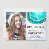 Birthday Party Save the Date Blauwgroen Gold Agate Magnetische Uitnodiging (Voorkant)