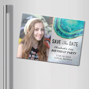 Birthday Party Save the Date Blauwgroen Gold Agate Magnetische Uitnodiging
