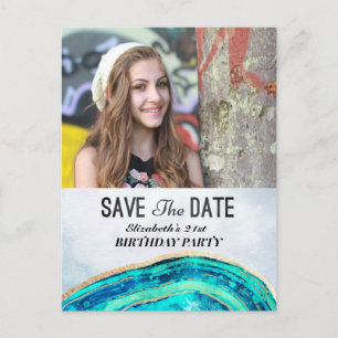Birthday Party Save the Date Blauwgroen Gold Agate Uitnodiging Briefkaart