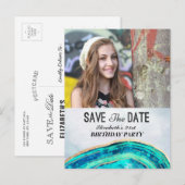 Birthday Party Save the Date Blauwgroen Gold Agate Uitnodiging Briefkaart (Voorkant / Achterkant)
