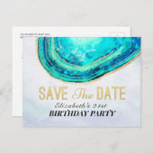 Birthday Party Save the Date Blauwgroen Gold Agate Uitnodiging Briefkaart (Voorkant / Achterkant)