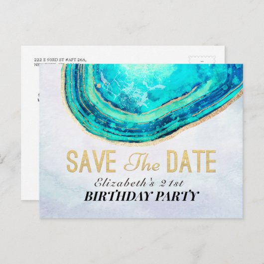 Birthday Party Save the Date Blauwgroen Gold Agate Uitnodiging Briefkaart (Voorkant / Achterkant)