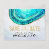 Birthday Party Save the Date Blauwgroen Gold Agate Uitnodiging Briefkaart (Voorkant)
