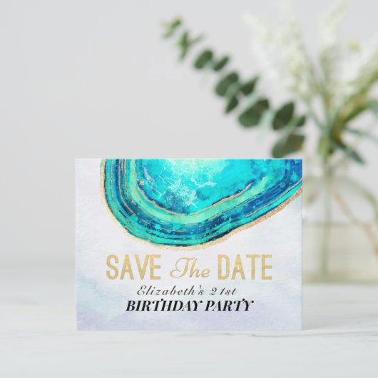 Birthday Party Save the Date Blauwgroen Gold Agate Uitnodiging Briefkaart (Staand voorkant)