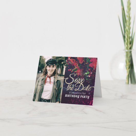 Birthday Party Save the Date Burgundy Floral Photo (Voorkant)