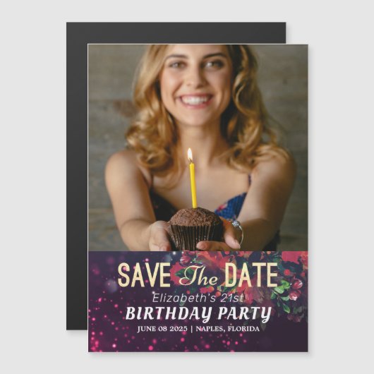 Birthday Party Save the Date Burgundy Floral Photo Magnetische Uitnodiging (Voorkant / Achterkant)