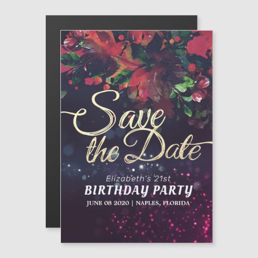 Birthday Party Save the Date Flowers Paarse lampje Magnetische Uitnodiging (Voorkant / Achterkant)