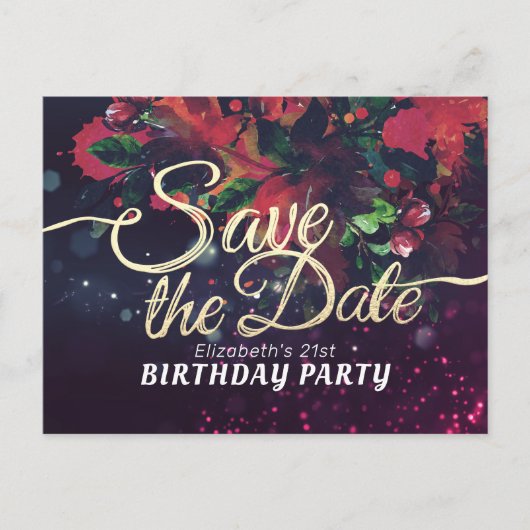 Birthday Party Save the Date Flowers Paarse lampje Uitnodiging Briefkaart (Voorkant)