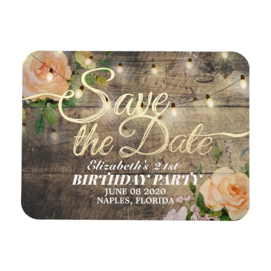Birthday Party Save the Date Flowers Wood Lights Magneet (Horizontaal)