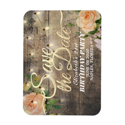 Birthday Party Save the Date Flowers Wood Lights Magneet (Verticaal)