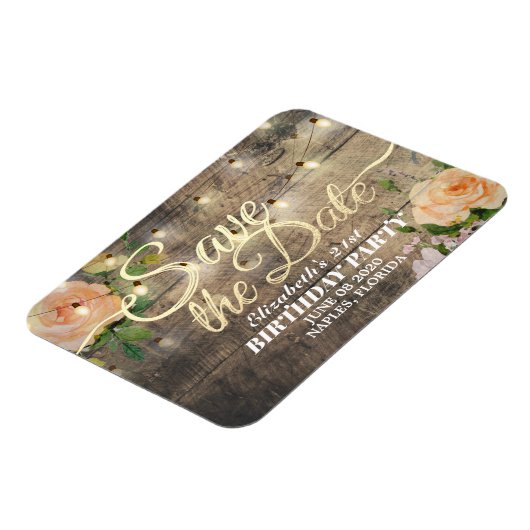 Birthday Party Save the Date Flowers Wood Lights Magneet (Linkerzijde)