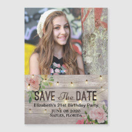 Birthday Party Save the Date Flowers Wood Lights Magnetische Uitnodiging