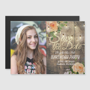 Birthday Party Save the Date Flowers Wood Lights Magnetische Uitnodiging