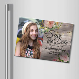 Birthday Party Save the Date Flowers Wood Lights Magnetische Uitnodiging