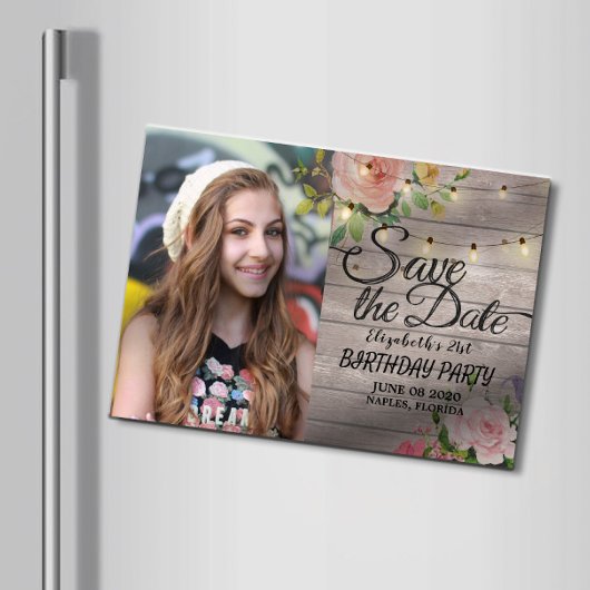 Birthday Party Save the Date Flowers Wood Lights Magnetische Uitnodiging