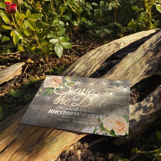 Birthday Party Save the Date Flowers Wood Lights Magnetische Uitnodiging