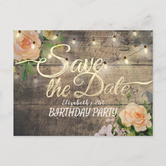 Birthday Party Save the Date Flowers Wood Lights Uitnodiging Briefkaart (Voorkant)