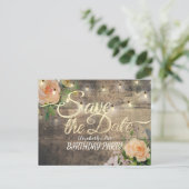 Birthday Party Save the Date Flowers Wood Lights Uitnodiging Briefkaart (Staand voorkant)