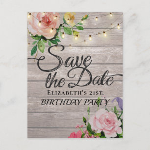 Birthday Party Save the Date Flowers Wood Lights Uitnodiging Briefkaart