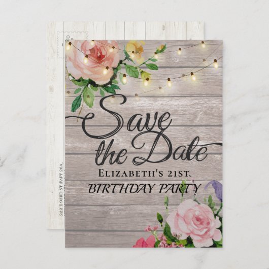 Birthday Party Save the Date Flowers Wood Lights Uitnodiging Briefkaart (Voorkant / Achterkant)