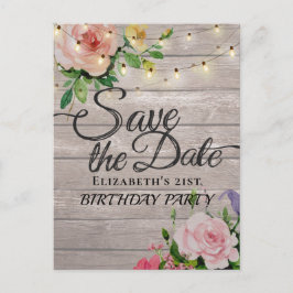 Birthday Party Save the Date Flowers Wood Lights Uitnodiging Briefkaart