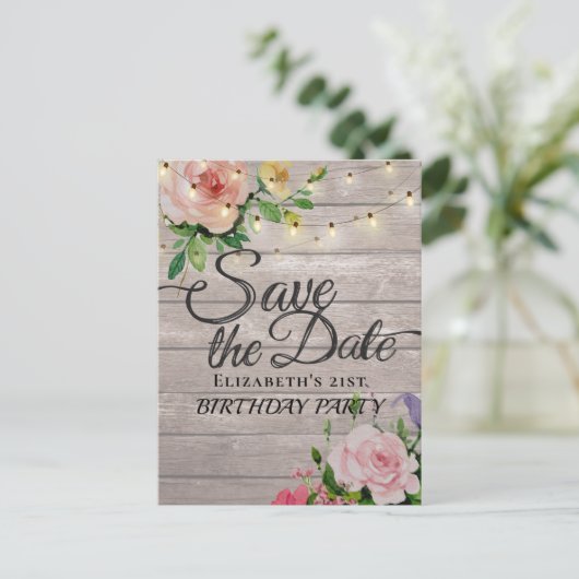 Birthday Party Save the Date Flowers Wood Lights Uitnodiging Briefkaart (Staand voorkant)