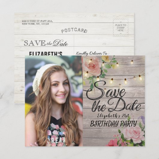 Birthday Party Save the Date Flowers Wood Lights Uitnodiging Briefkaart (Voorkant / Achterkant)