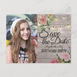 Birthday Party Save the Date Flowers Wood Lights Uitnodiging Briefkaart