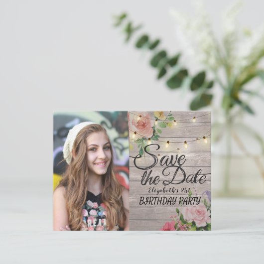 Birthday Party Save the Date Flowers Wood Lights Uitnodiging Briefkaart (Staand voorkant)
