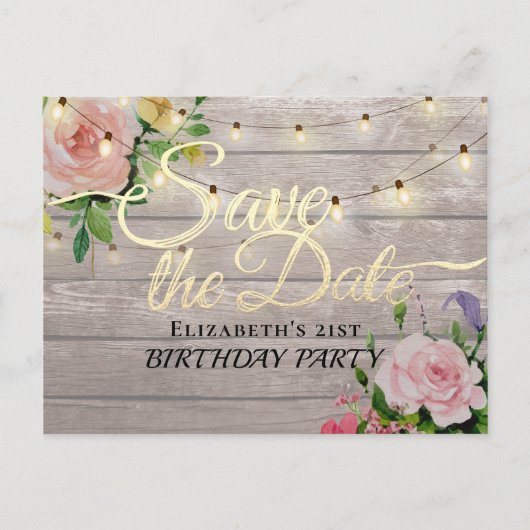 Birthday Party Save the Date Flowers Wood Lights Uitnodiging Briefkaart (Voorkant)