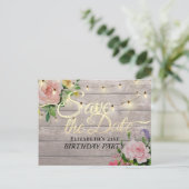 Birthday Party Save the Date Flowers Wood Lights Uitnodiging Briefkaart (Staand voorkant)